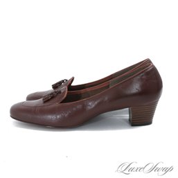 #2 FANTASTIC CONDITION VINTAGE 1970S 1980S COWARD CHOCOLATE BROWN TASSEL MID-HEEL LEATHER SHOES 11