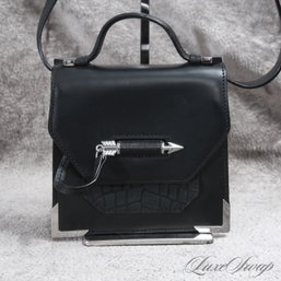 #28 NEAR MINT AND VERY EXPENSIVE MACKAGE CANADA BLACK MATTE LEATHER SILVER CORNERED TINY FLAP CROSSBODY BAG