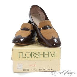 #10 WITH ORIGINAL BOX! VINTAGE 1960S 1970S FLORSHEIM BROWN PATENT AND CAMEL LEATHER SPECTATOR SHOES 10.5