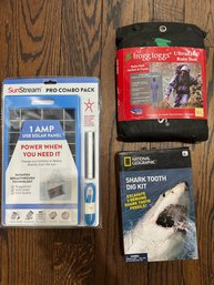 LOT OF 3 OUTDOORS KIT : BRAND NEW SUNSTREAM 1 AMP UV SOLAR PANEL, FROGG TOGGS OUTDOORS SUIT AND NAT GEO GAME