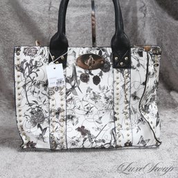 #16 BRAND NEW WITH TAGS WHITE AND BLACK FLORAL OVERLAY STUDDED DETAIL MID SIZE SATCHEL BAG
