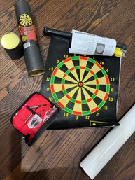 LOT OF BRAND NEW UNUSED MAGNETIC DARTBOARD WITH DARTS AND A BOX OF REAL DART PARTS