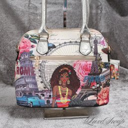 #17 BRAND NEW WITH TAGS NOBLE EXCHANGE FANCIFUL ROME / PARIS PRINT WITH GIRL IN FRONT W/ CROC PRINT HANDLES