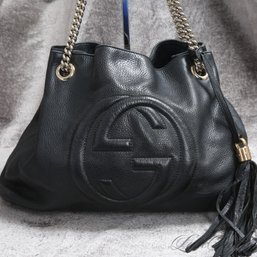 #3 INCREDIBLE $1890 CURRENT GUCCI MADE IN ITALY 'SOHO' BLACK SOFT LEATHER TUMBLED MEDIUM CHAIN BAG