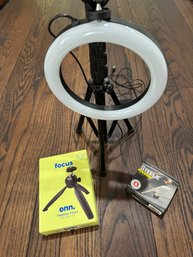 LOT OF 3 TOTAL RING LIGHT, AND 2 BRAND NEW CAR PHONE HOLDER AND STAND