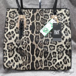 #19 BRAND NEW WITH TAGS AND AMAZING BLACK PATENT AND ALLOVER LEOPARD PRINT X-LARGE TOTE BAG - VEGAN!