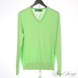 NEAR MINT AND SUMMER PERFECT MENS POLO RALPH LAUREN BRIGHT LIME GREEN THIN KNIT V-NECK SWEATER M