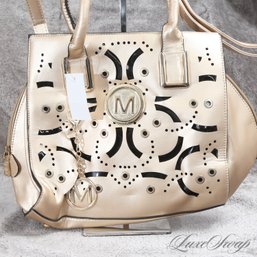 #21 BRAND NEW WITH TAGS CHAMPAGNE INFUSED GOLD CUTOUT DETAIL GOLD M LOGO SATCHEL BAG W/STRAP