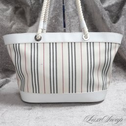 THE ONE EVERYONE WANTS! AUTHENTIC AND NEAR MINT BURBERRY LONDON NOVA STRIPE IVORY LEATHER TRIM ROPE HANDLE BAG