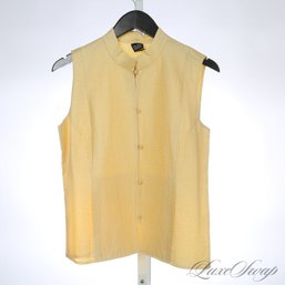 NEAR MINT AND GORGEOUS EILEEN FISHER PALE LEMON YELLOW QUILTED PURE TUSSAH SILK MANDARIN KNOT VEST TOP L