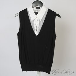 BRAND NEW WITH TAGS $655 AKRIS SWITZERLAND 2 IN 1 ILLUSION BLACK VEST OVER WHITE SILK BLEND TOP SHIRT 14