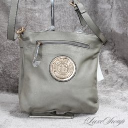 #3 BRAND NEW WITH TAGS SMOKED GREY TUMBLED LEATHER GOLD GREEK KEY COIN CROSSBODY MULTI POCKET BAG