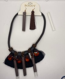 **New With Tags Bogot Necklace And  Earring Set Brown Amber  Beaded Tassel
