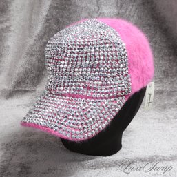 MEGA BLINGY BRAND NEW WITH TAGS JENNIFER & CO PINK FUZZY ANGORA FEEL FULL CRYSTAL BASEBALL HAT CAP