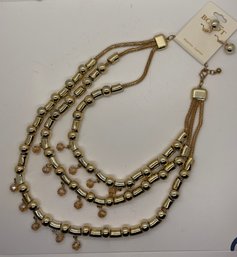 New With Tags Bogot Necklace And  Earring Set   Gold Tone Beaded Multi Strands