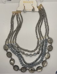 New With Tags Bogot Necklace And  Earring Set   Grey Beaded Stands Gold Tone Metal