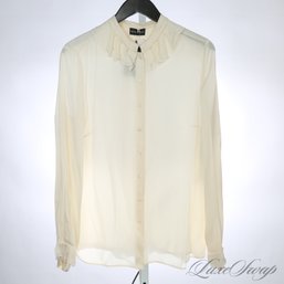 OUTSTANDING $1495 RENA LANGE 100 PERCENT PURE SILK IVORY WHITE FLUID SATIN RUFFLED NECK BUTTON DOWN SHIRT 12
