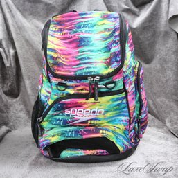 #5 NEAR MINT AND VERY COOL SPEEDO 'TEAMSTER 35L' BRIGHT RAINBOW SPLATTER PRINT LARGE SIZE BACKPACK BAG