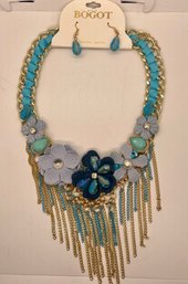 New With Tags Bogot Necklace And  Earring Set   Turquoise Chain Blue Floral Gold Tone