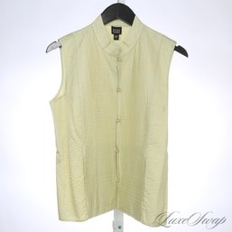 NEAR MINT AND GORGEOUS EILEEN FISHER PALE CELADON GREEN QUILTED PURE TUSSAH SILK MANDARIN KNOT VEST TOP L