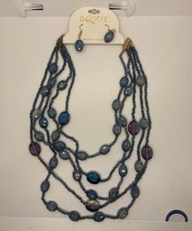 New With Tags Bogot Necklace And  Earring Set  Iridescent Teal Blue Green Beaded