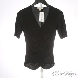 INCREDIBLE FIT AND NEAR MINT TOP TIER BURBERRY LONDON BLACK SLINKY DRAPED RUCHED SHORT SLEEVE SHIRT XS