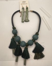 **New With Tags Bogot Necklace And  Earring Set Green Beaded Tassel
