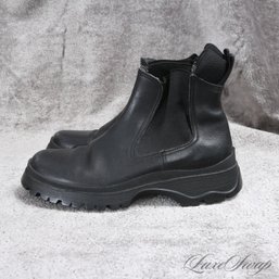THE ONES EVERYONE WANTS! PRADA MADE IN ITALY BLACK LEATHER ELASTIC SIDE CHUNKY SOLE PUDDLE BOOTS WOMENS 37.5