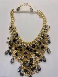 New With Tags Bogot Gold Tone Metal With Rhinestone And Smoke Grey Tone Cluster Beaded Necklace With Earrings