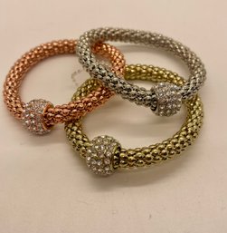 Lot X 3 Silver Gold And Rose Gold Metal Bracelets With Rhinestones