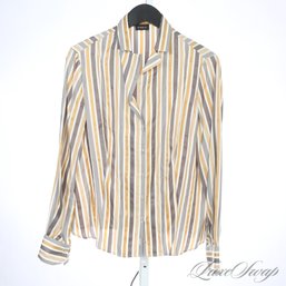 $800 PLUS AKRIS SWITZERLAND 100 PERCENT SILK GREY / HONEY / WHITE STRIPED PLUNGING NECK BUTTON DOWN SHIRT 14