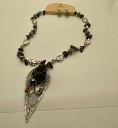 New With Tags Cloie Silver Tone Feather Black Grey Cluster Beaded Necklace With Matching Earrings