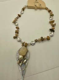 New With Tags Cloie Silver Tone Feather With Natural Beigh Tone Cluster Beaded Necklace With Matching Earrings