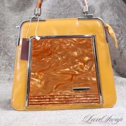 #9 BRAND NEW WITH TAGS AMAZING MUSTARD PATENT LEATHER AND SWIRLED PEARLESCENT PANEL HARD FRAME BAG