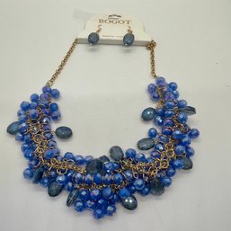 New With Tags Bogot Blue Beaded Cluster Necklace With Matching Earrings