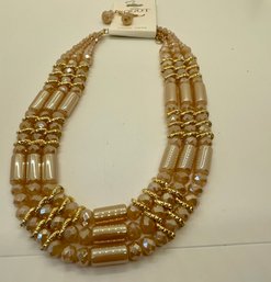 New With Tags Bogot Gold Tone With Champagne Beaded Necklace With Matching Earrings