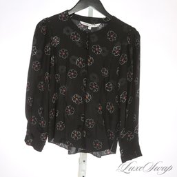 NEAR MINT AND SUPER PRETTY VERONICA BEARD 92 PCT SILK MIDNIGHT ALLOVER SCRIBBLE FLORAL CREWNECK BLOUSE 2