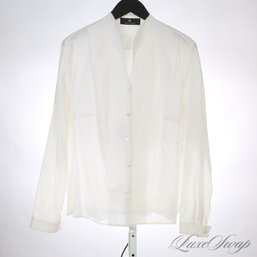 WILDLY EXPENSIVE RENA LANGE MADE IN GERMANY WHITE STRETCH COTTON KEYHOLE MANDARIN COLLAR BUTTON DOWN SHIRT 14