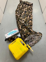 LOT OF 3 : DIESEL GAS CAN. CAMOUFLAGE SOMETHING PERHAPS SLEEPING BAG? AND BRAND NEW 65 GALLON AQUAPOD KIT