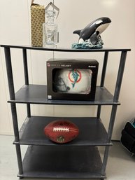 LOT OF BRAND NEW NFL MIAMI DOLPHINS FOOTBALL HELMET, FOOTBALL, BRAND NEW DECANTER, SANDICAST ORCA AND SHELF