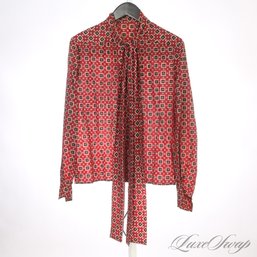 ANONYMOUS BUT OUTSTANDING VINTAGE 1960S 1970S CINNAMON RED ALLOVER MAXI GEOMETRIC BLOUSE W/PUSSY BOW FITS L/XL