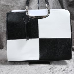 #14 BRAND NEW WITH TAGS AND SO VERY AUDREY HEPBURN! BLACK AND WHITE CHECKERBOARD LARGE TOP HANDLE LEATHER BAG