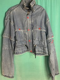New Without Tags NicoPanda Blue Jean Denim Zip Red Snap Bomber Jacket Size M