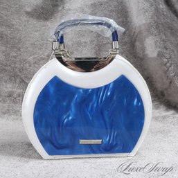 #15 BRAND NEW WITH TAGS AMAZING PEARL PATENT LEATHER AND SWIRLED BLUE PEARLESCENT PANEL HARD FRAME BAG