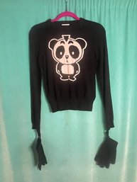 New Without Tags Long Sleeve Crewneck Pullover  Panda Sweater With Detachable Knit Gloves Size S