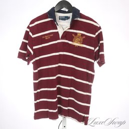 THE ONE EVERYONE WANTS! UNCOMMON POLO RALPH LAUREN MAROON STRIPED GOLD SADDLE MAKER CREST POLO SHIRT L