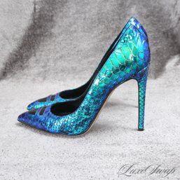 NEAR MINT IN BOX $695 ALEJANDRO INGELMO MADE IN ITALY IRIDESCENT TURQUOISE SNAKESKIN PRINT SHOES 8.5 INSANE!!!