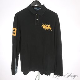 THE ONE EVERYONE WANTS! MENS POLO RALPH LAUREN BLACK / GOLD 'BIG PONY' TRIPLE HORSE STAMPEDE L/S POLO SHIRT L