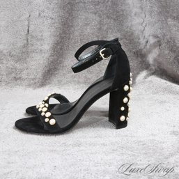 MINT IN BOX 1X WORN RECENT STUART WEITZMAN BLACK SUEDE PEARL EMBROIDERED CHUNKY HEEL $300 SHOES 7.5