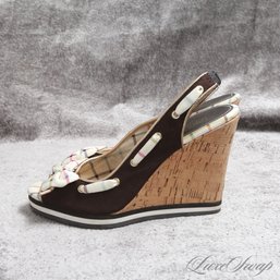 #14 RECENT AND NEAR MINT COACH BROWN CANVAS TWILL AND RAINBOW TATTERSALL BOW 'TWIRLING' SLINGBACK SHOES 8